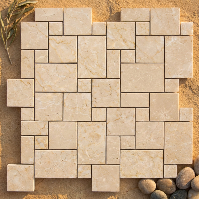 Crema Marfil (Spanish) Marble Cream Polished Mosaic Mini-Versailles Pattern