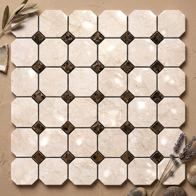 Crema Marfil (Spanish) Marble Cream Polished Octagon Mosaic w/ Emp. Dark Dots