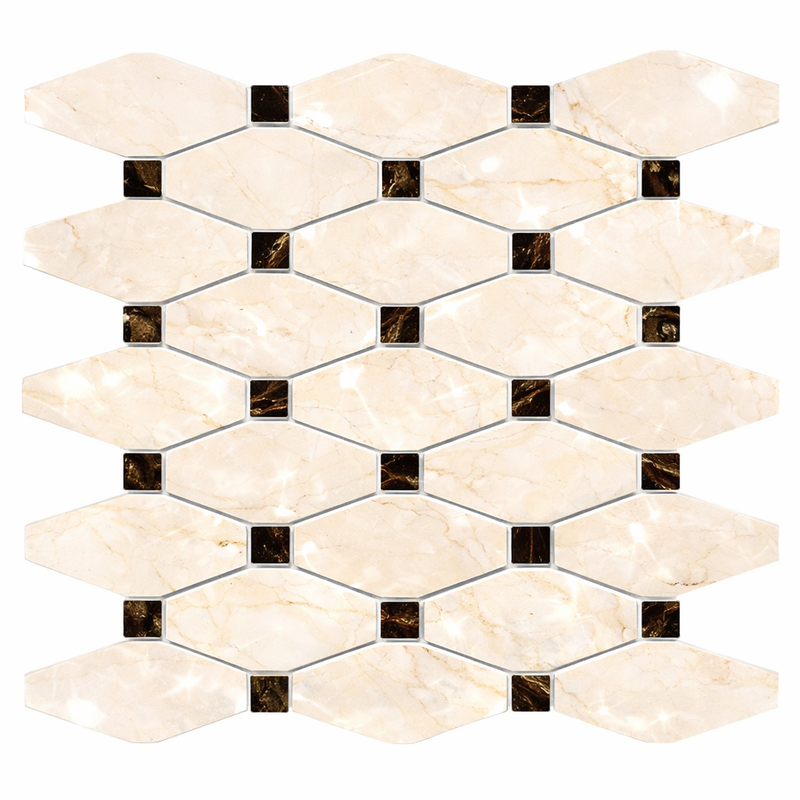 Crema Marfil (Spanish) Marble Cream Polished Octave Mosaic Octave (Long Octagon) Mosaic w/ Emp. Dark Dots