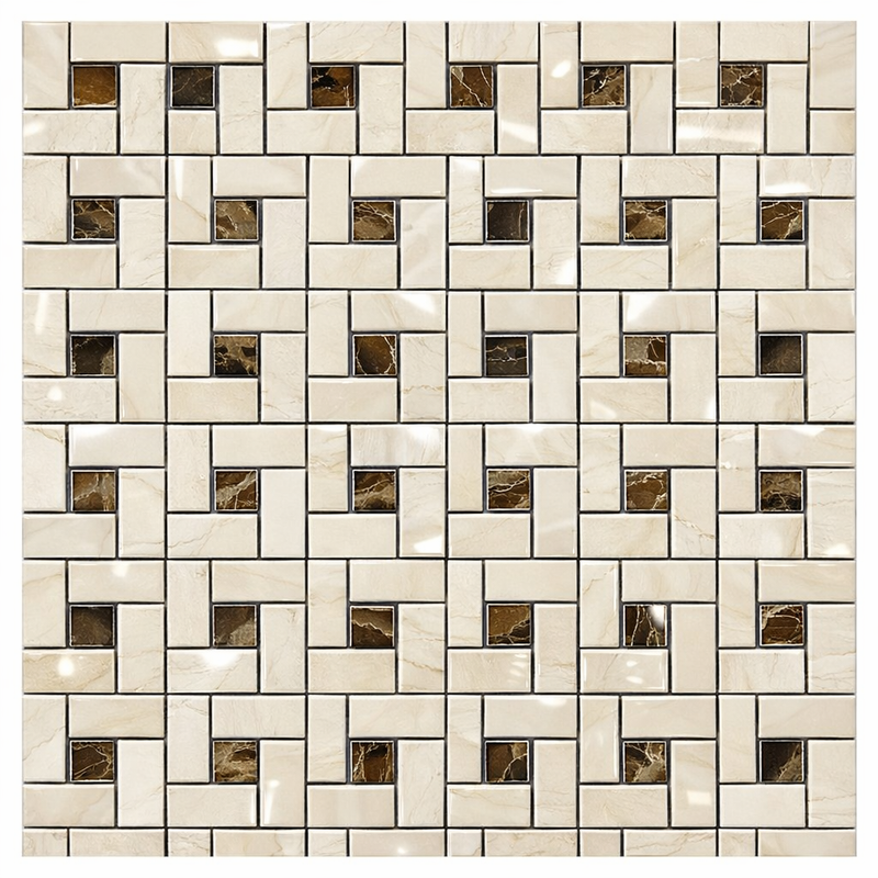Crema Marfil (Spanish) Marble Cream Polished Pinwheel Mosaic Pinwheel (Mini) Mosaic w/ Emp. Dark Dots