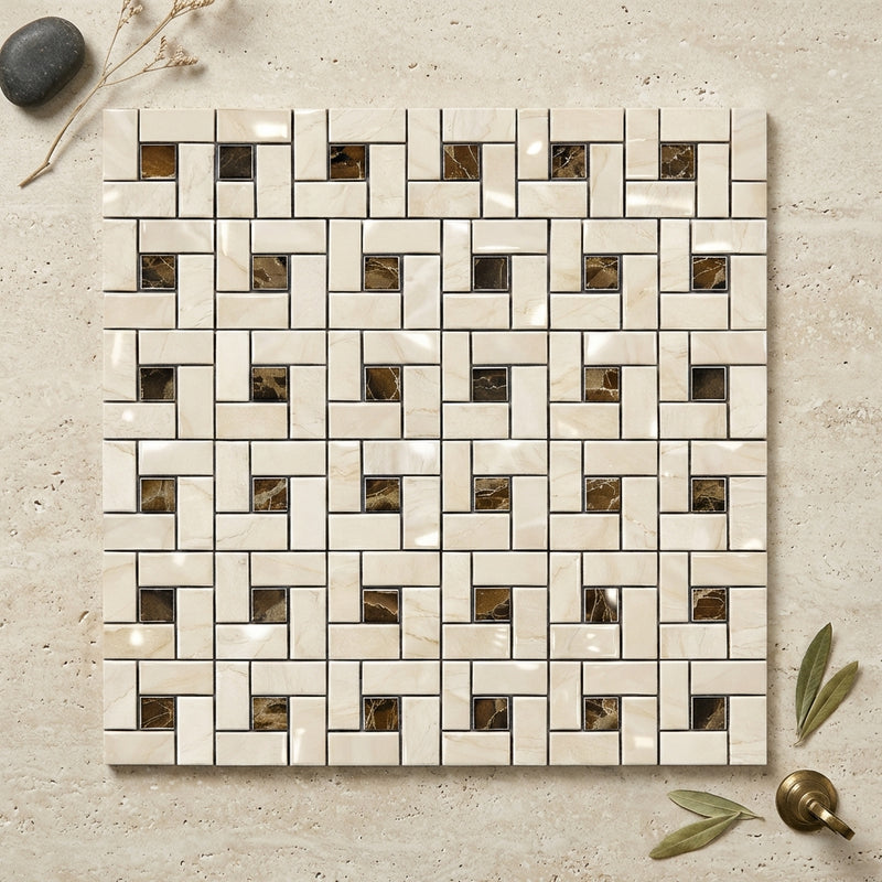 Crema Marfil (Spanish) Marble Cream Polished Pinwheel Mosaic Pinwheel (Mini) Mosaic w/ Emp. Dark Dots