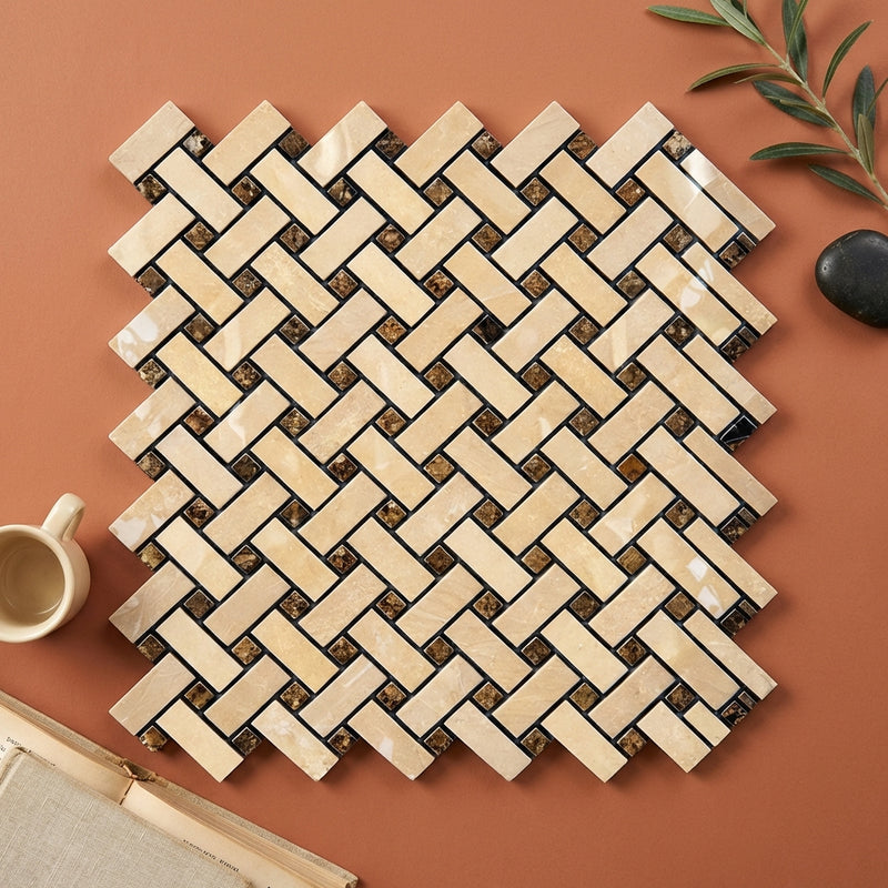 Crema Marfil (Spanish) Marble Cream Polished Stanza Mosaic w/ Emp. Dark Dots