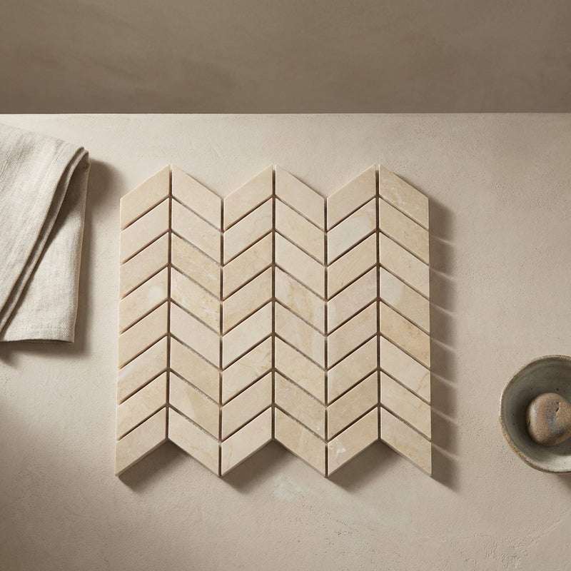 Crema Marfil (Spanish) Marble Cream Polished Chevron Mosaic Chevron (Mini)