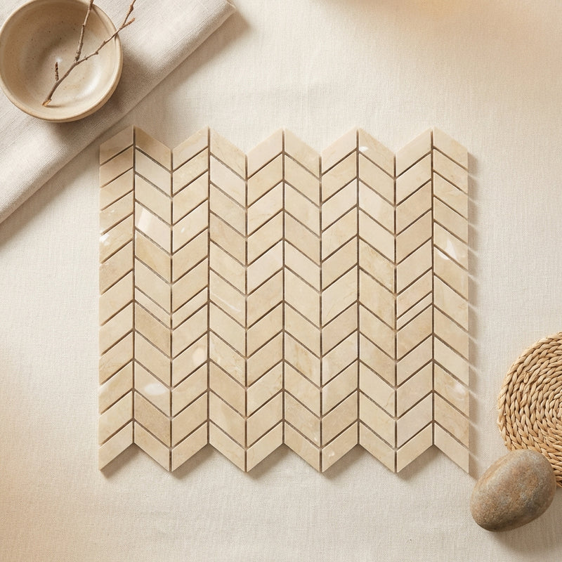 Crema Marfil (Spanish) Marble Cream Polished Chevron Mosaic Chevron (Mini)