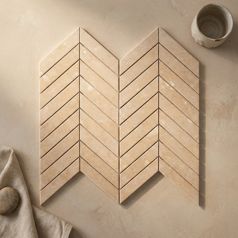 Crema Marfil (Spanish) Marble Cream Polished Chevron Mosaic Chevron (LARGE) (w/ C. Marfil)