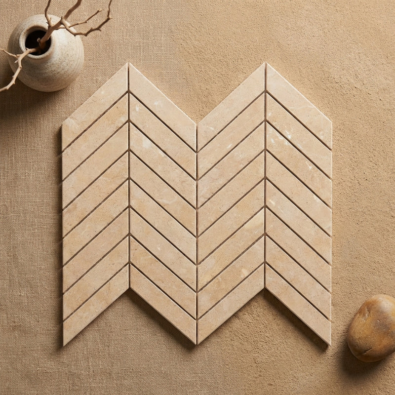 Crema Marfil (Spanish) Marble Cream Polished Chevron Mosaic Chevron (LARGE) (w/ C. Marfil)