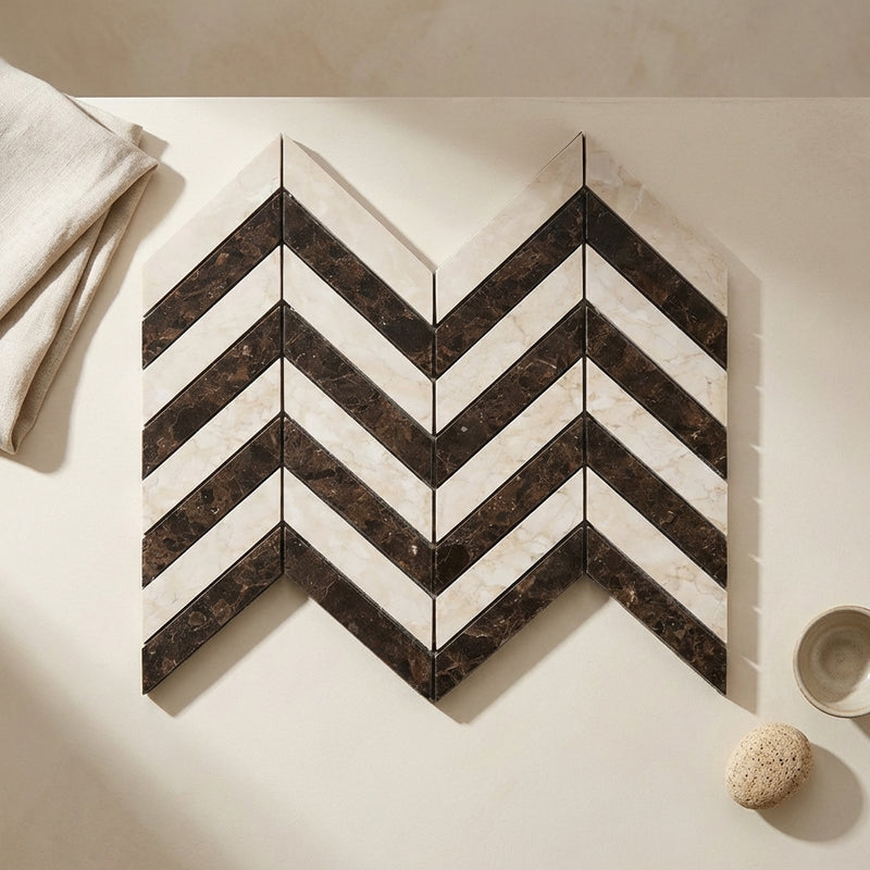 Crema Marfil (Spanish) Marble Cream Polished Chevron Mosaic Chevron (LARGE) (w/ Emp. Dark)