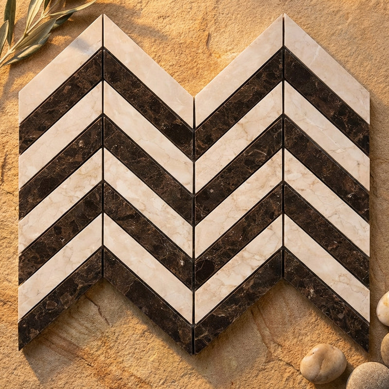 Crema Marfil (Spanish) Marble Cream Polished Chevron Mosaic Chevron (LARGE) (w/ Emp. Dark)