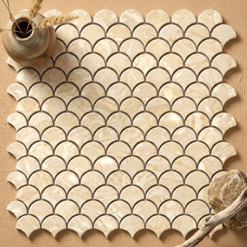 Crema Marfil (Spanish) Marble Cream Polished Fan Mosaic FAN (Raindrop) Mosaic
