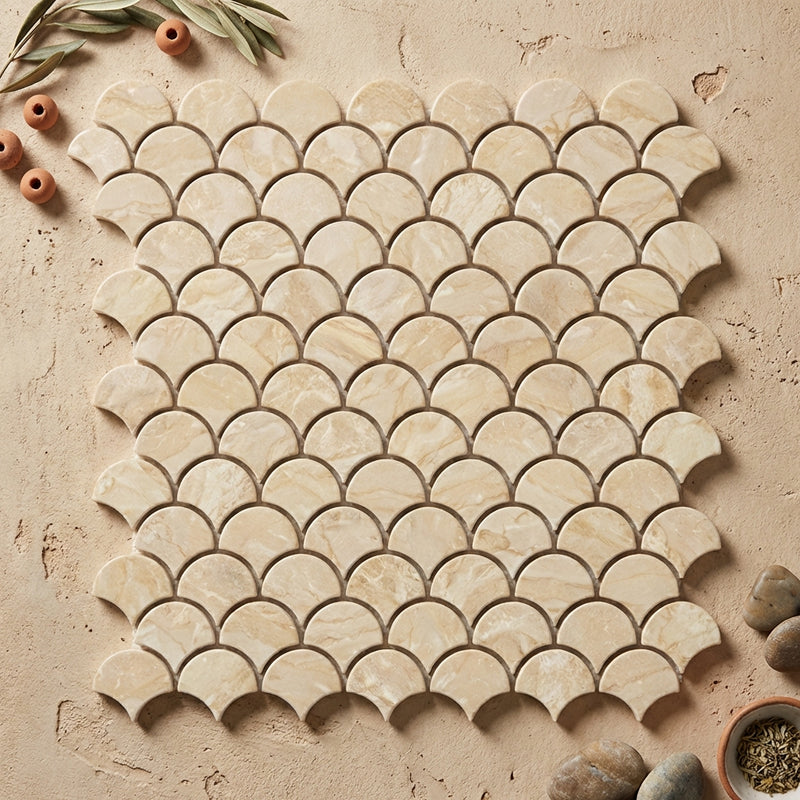 Crema Marfil (Spanish) Marble Cream Polished Fan Mosaic FAN (Raindrop) Mosaic