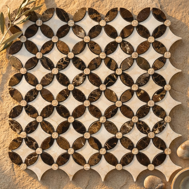 Crema Marfil (Spanish) Marble Cream Polished Florida Flower Mosaic (Crema Marfil + Emp. Light (Oval) + Emp. Dark (Dots))