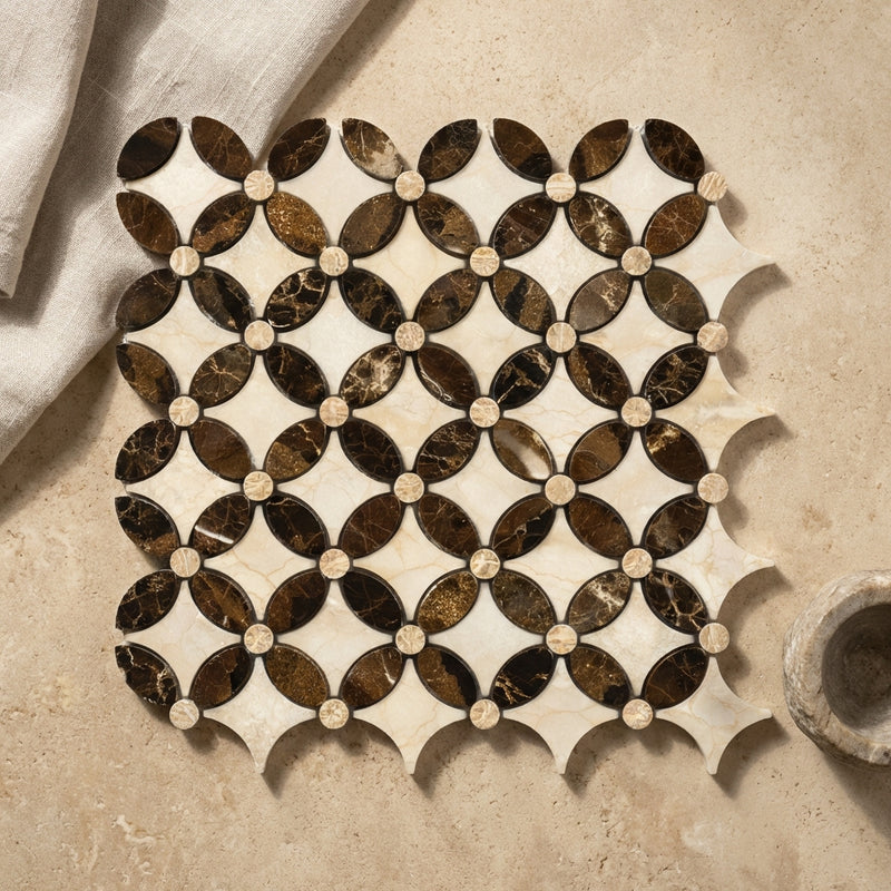 Crema Marfil (Spanish) Marble Cream Polished Florida Flower Mosaic (Crema Marfil + Emp. Light (Oval) + Emp. Dark (Dots))