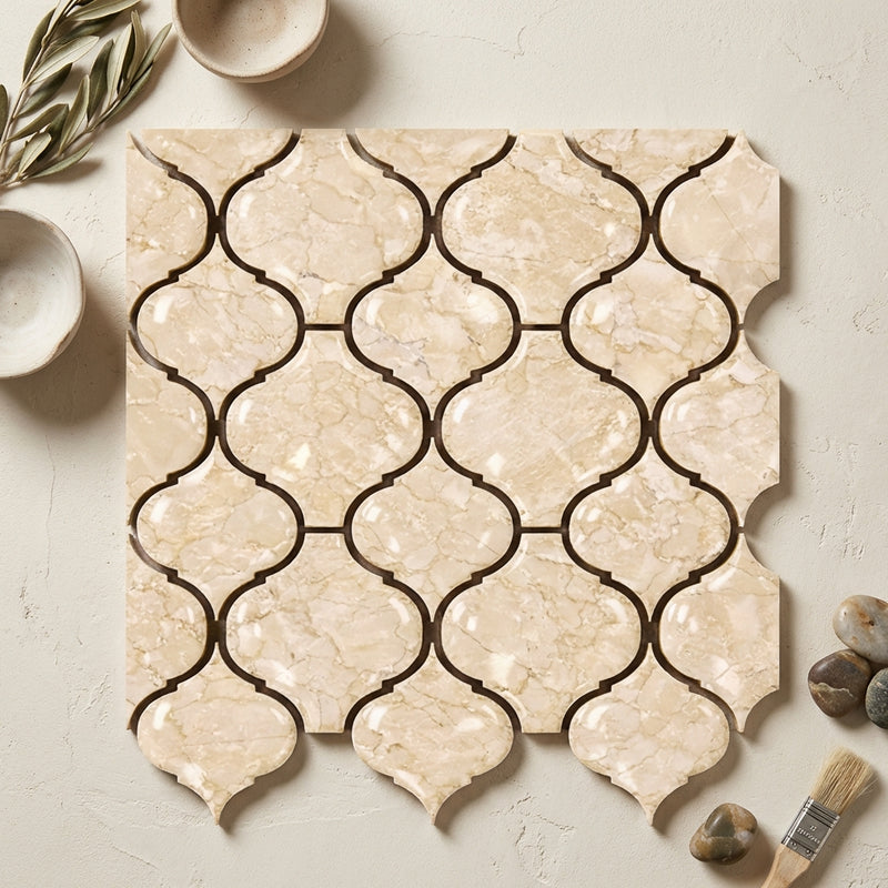 Crema Marfil (Spanish) Marble Cream Polished Lantern Mosaic (3") (Arabesque / Moroccan / Baroque)