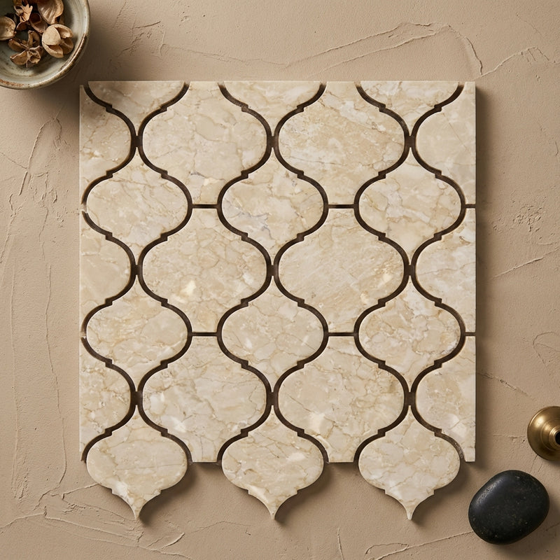Crema Marfil (Spanish) Marble Cream Polished Lantern Mosaic (3") (Arabesque / Moroccan / Baroque)