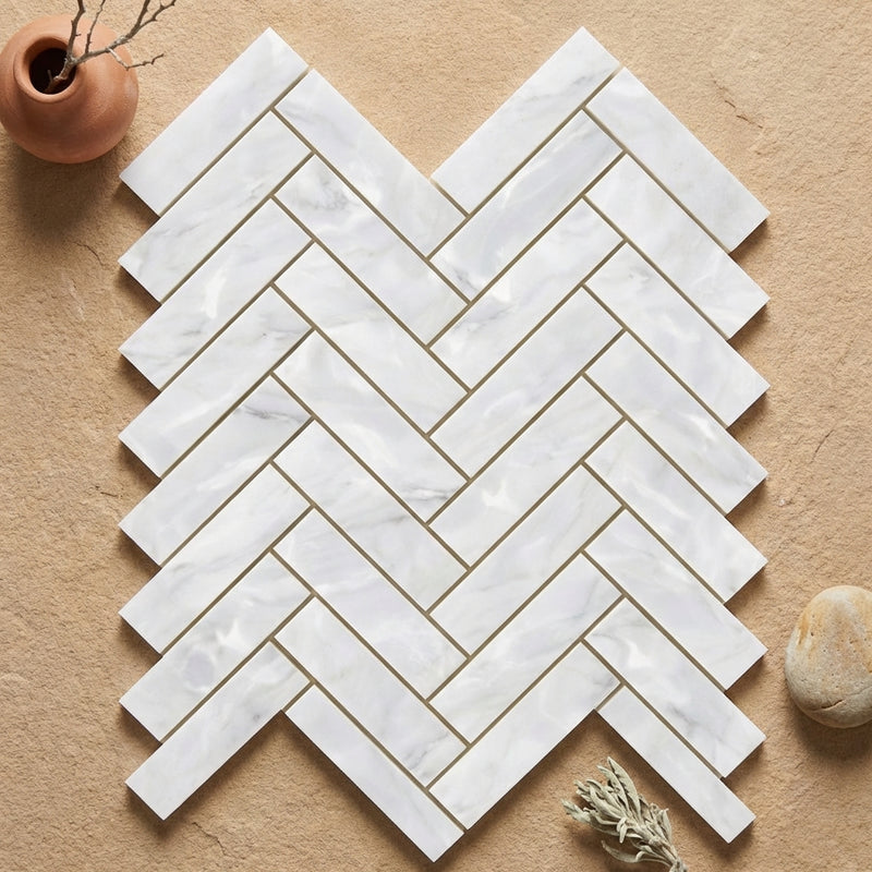 Oriental White (Asian Statuary) Marble 1x4 Polished Herringbone Mosaic