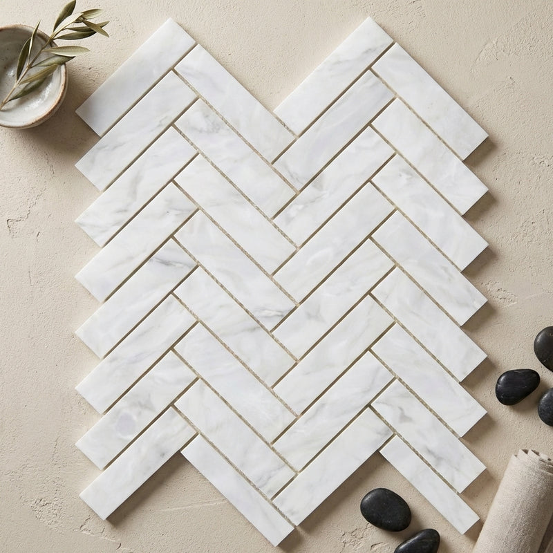 Oriental White (Asian Statuary) Marble 1x4 Polished Herringbone Mosaic