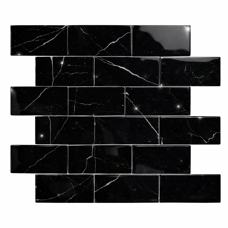 Nero Marquina (Black) Marble 2x4 Polished Brick Joint Mosaic Straight-Edged Brick Mosaic