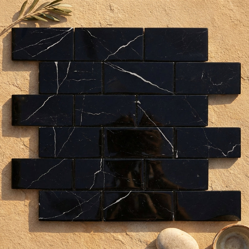 Nero Marquina (Black) Marble 2x4 Polished Brick Joint Mosaic Straight-Edged Brick Mosaic