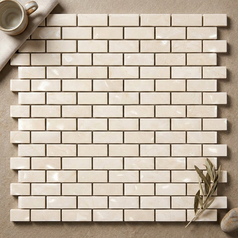 Crema Marfil (Spanish) Marble 5/8x1 1/4 Cream Polished Brick Joint Mosaic Mini-Brick Mosaic