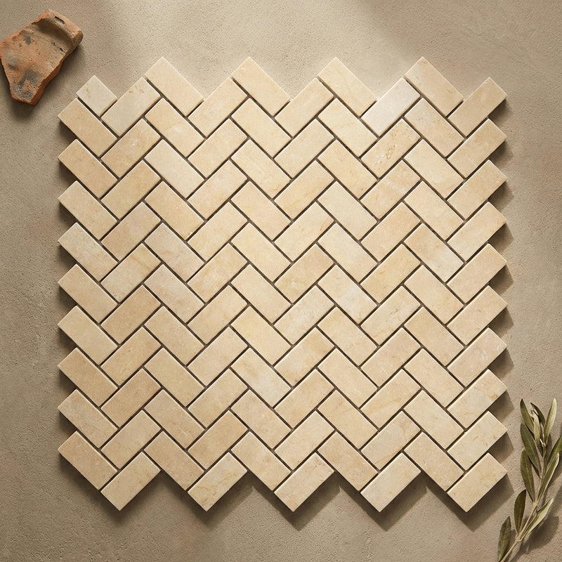 Crema Marfil (Spanish) Marble 5/8x1 1/4 Cream Polished Herringbone Mosaic Herringbone (Mini) Mosaic