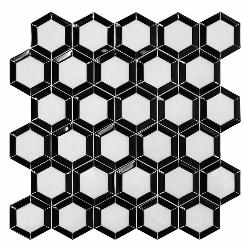 Thassos White (Greek) Marble 2x2 Polished Hexagon Mosaic Vortex Hexagon (w/ Black)
