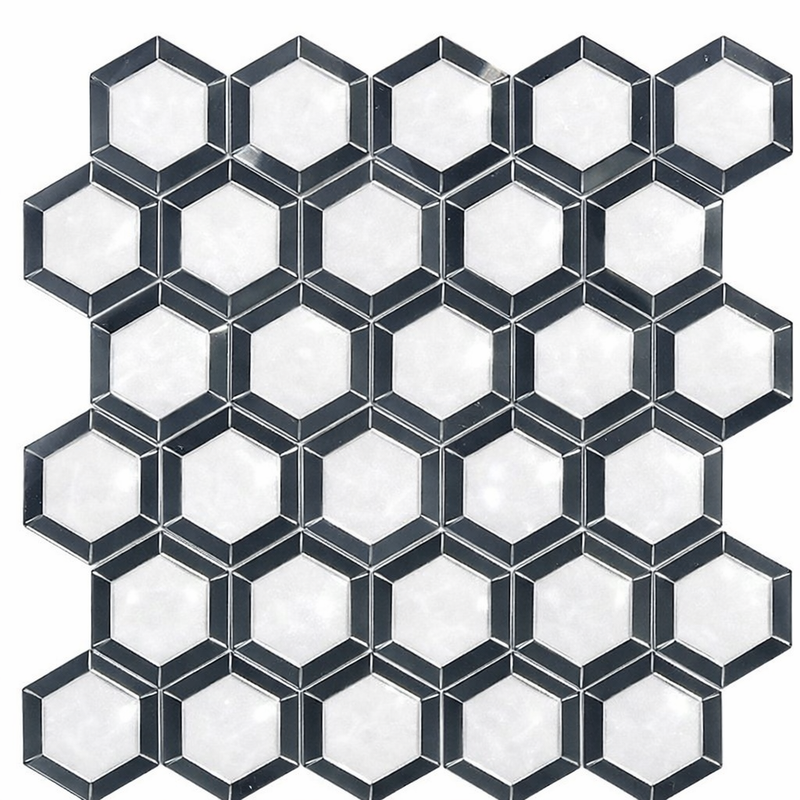 Thassos White (Greek) Marble 2x2 Polished Hexagon Mosaic Vortex Hexagon (w/ Blue-Gray)