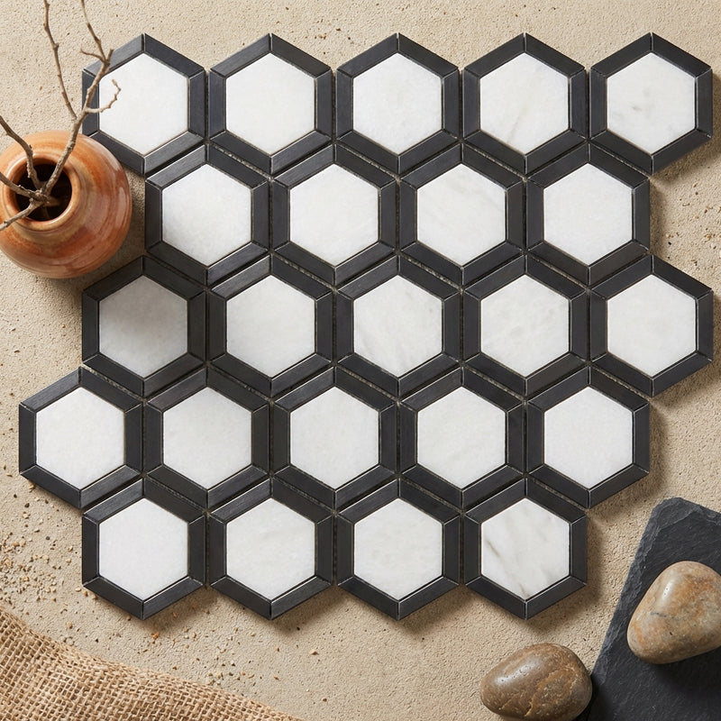 Thassos White (Greek) Marble 2x2 Polished Hexagon Mosaic Vortex Hexagon (w/ Blue-Gray)