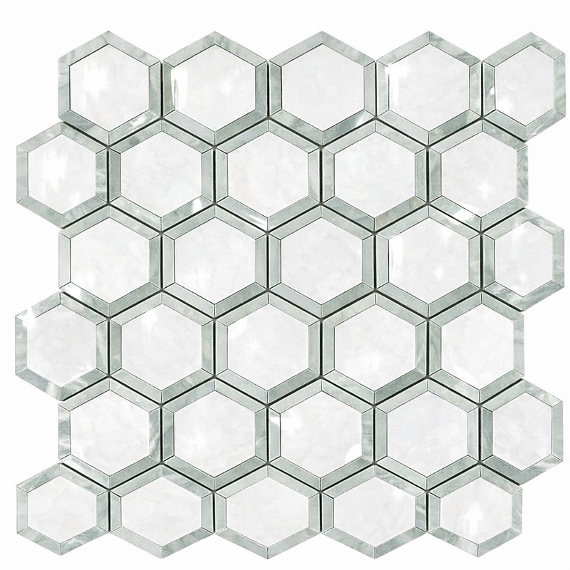 Thassos White (Greek) Marble 2x2 Polished Hexagon Mosaic Vortex Hexagon (w/ Ming Green)