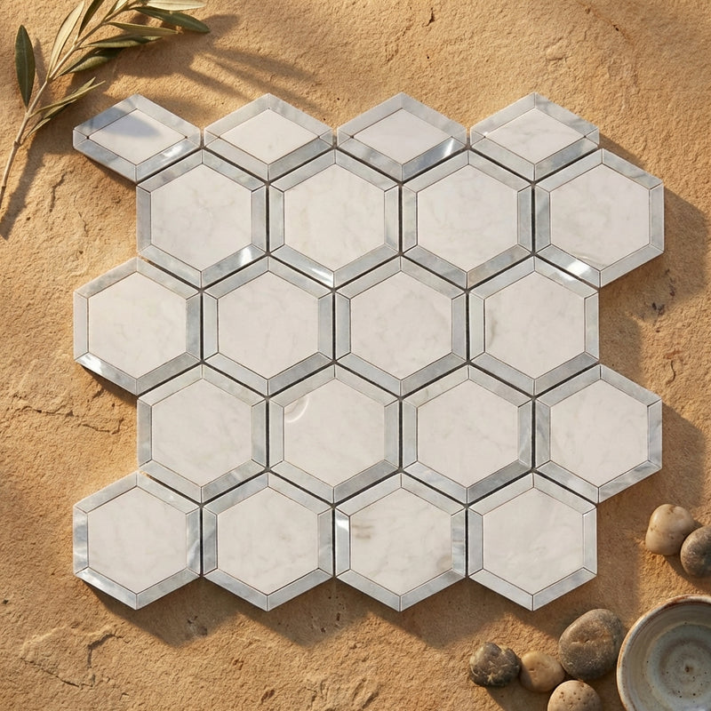 Thassos White (Greek) Marble 2x2 Polished Hexagon Mosaic Vortex Hexagon (w/ Ming Green)