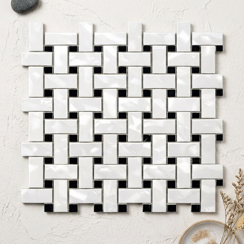 Bianco Dolomiti (White Dolomite) Polished Basketweave Mosaic w/ Black