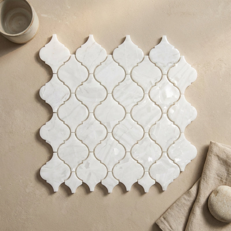 Bianco Dolomiti (White Dolomite) Polished Lantern Mosaic (3") (Arabesque / Moroccan / Baroque)