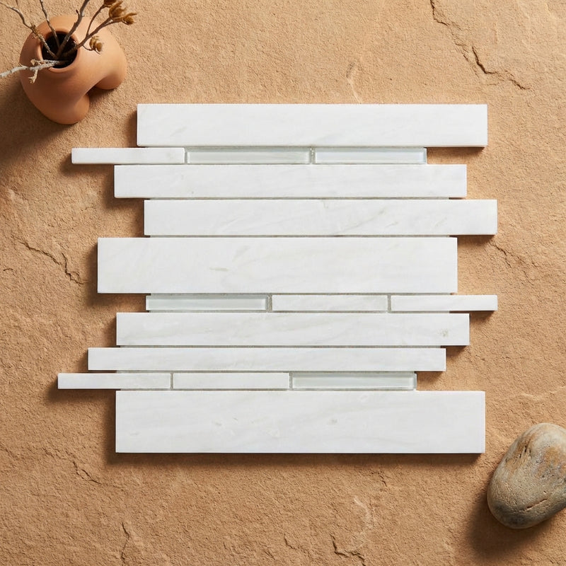 Bianco Dolomiti (White Dolomite) Polished Manhattan Mosaic Manhattan (Random-Strip) Mosaic