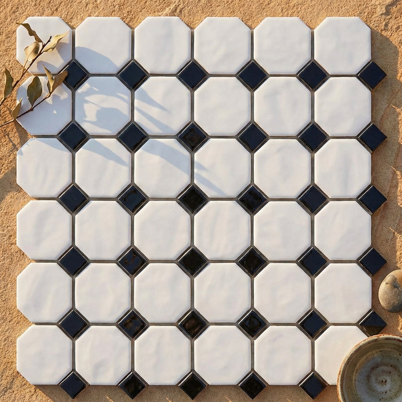 Bianco Dolomiti (White Dolomite) Polished Octagon Mosaic w/ Black