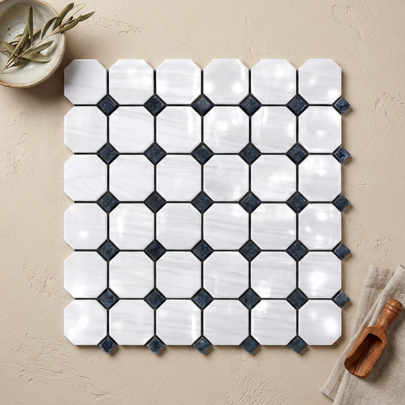 Bianco Dolomiti (White Dolomite) Polished Octagon Mosaic w/ Blue-Gray