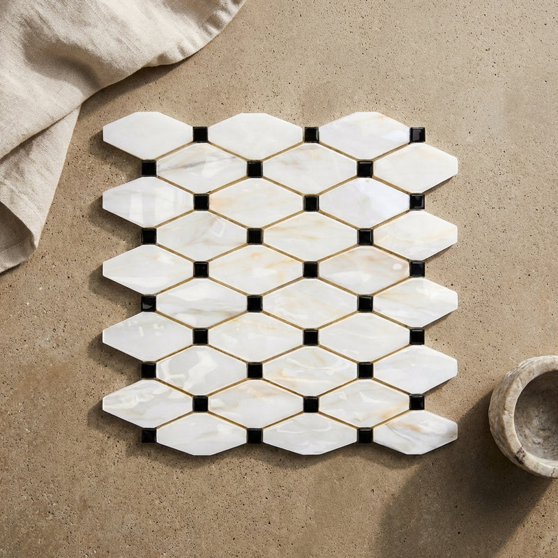 Bianco Dolomiti (White Dolomite) Polished Octave Mosaic Octave (Long Octagon) Mosaic w/ Black