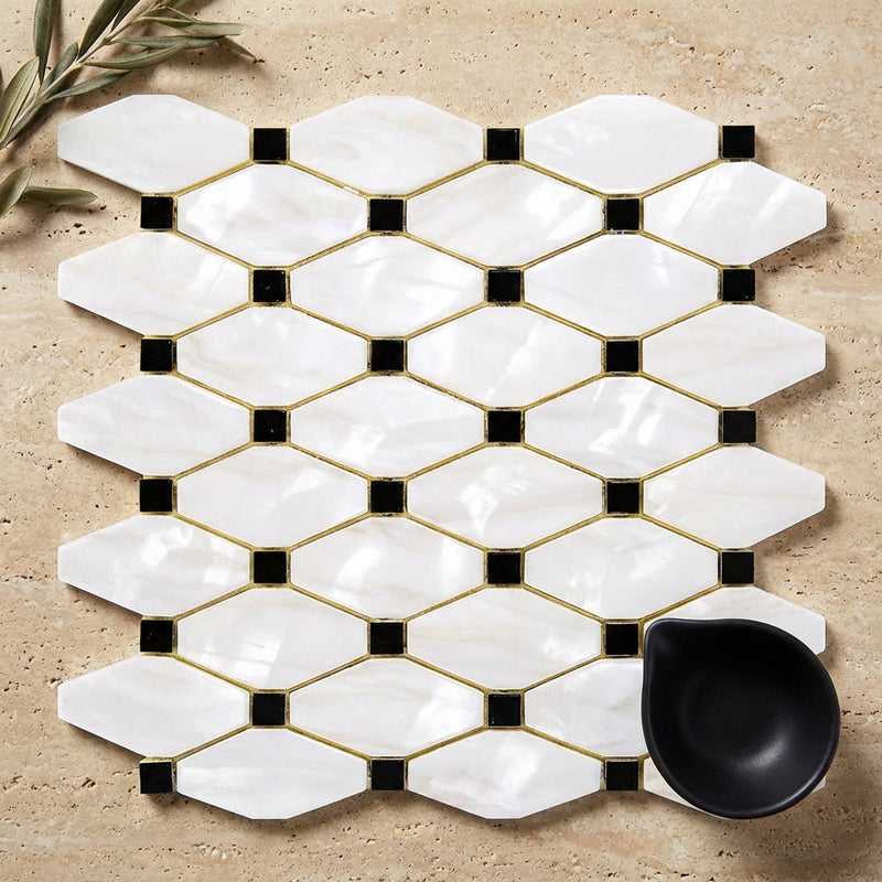 Bianco Dolomiti (White Dolomite) Polished Octave Mosaic Octave (Long Octagon) Mosaic w/ Blue-Gray