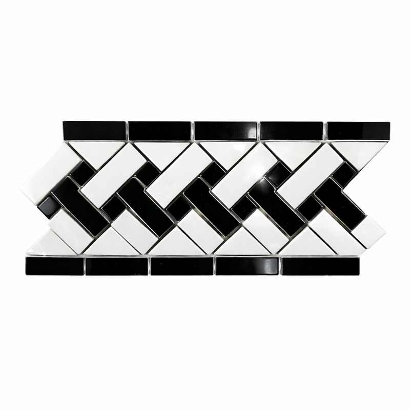 Thassos White (Greek) Marble 4-3/4x12 Polished Tile Basketweave Border (w/ Black)