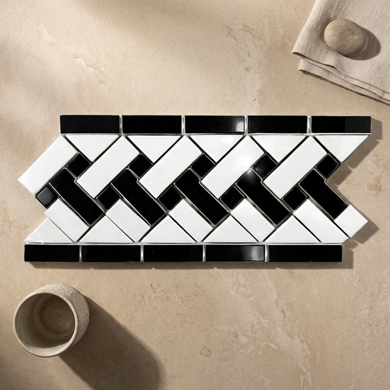 Thassos White (Greek) Marble 4-3/4x12 Polished Tile Basketweave Border (w/ Black)
