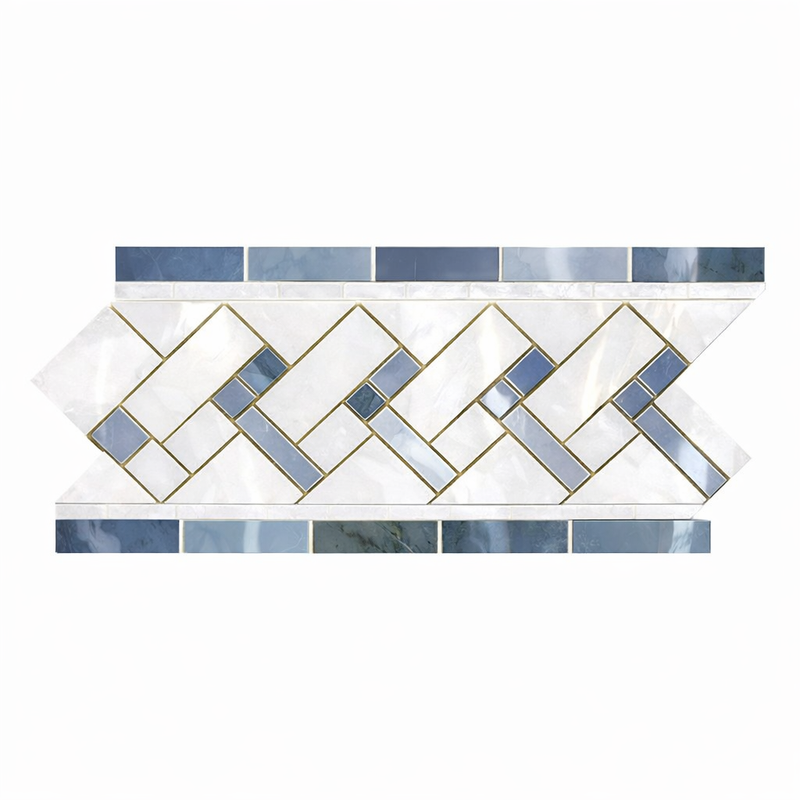 Thassos White (Greek) Marble 4-3/4x12 Polished Tile Basketweave Border (w/ Blue-Gray)