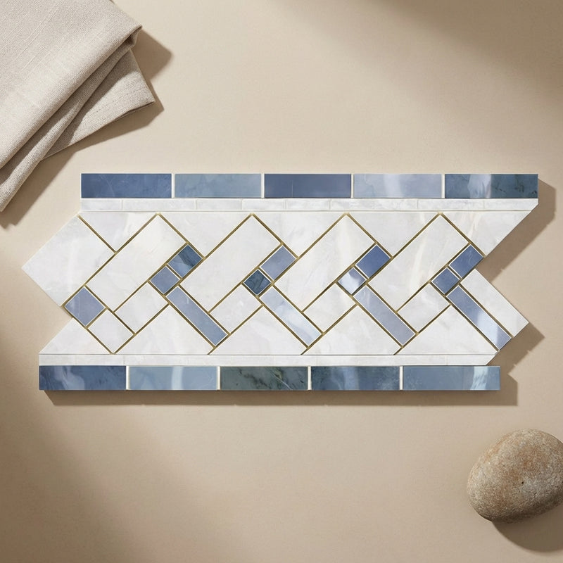 Thassos White (Greek) Marble 4-3/4x12 Polished Tile Basketweave Border (w/ Blue-Gray)