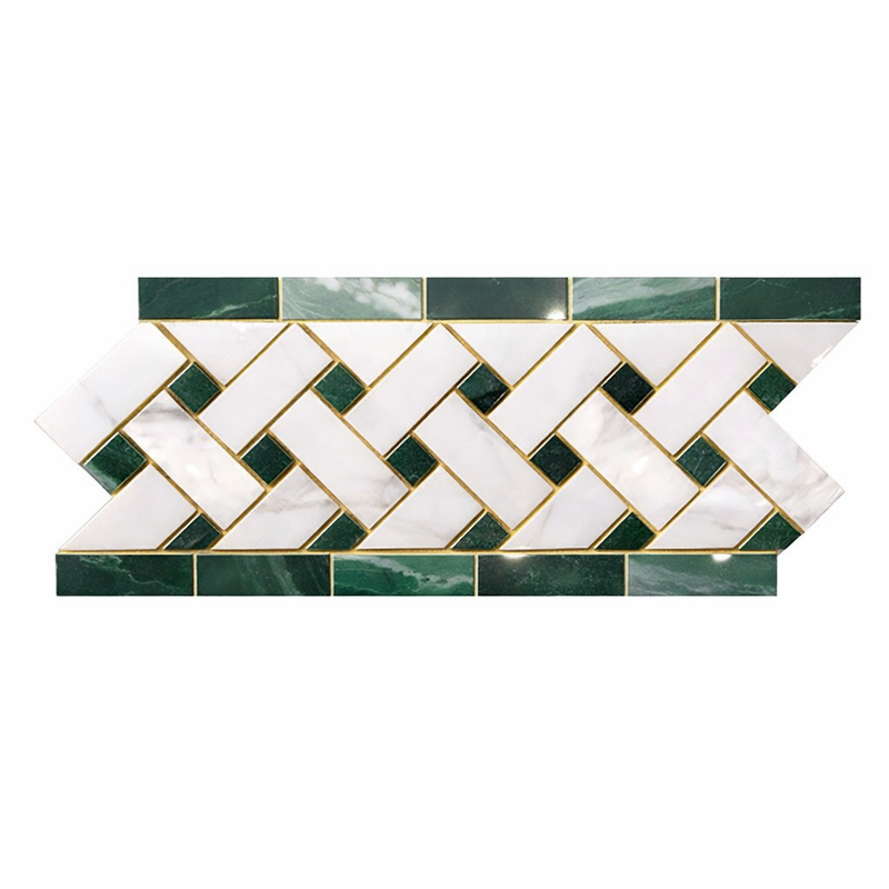 Thassos White (Greek) Marble 4-3/4x12 Polished Tile Basketweave Border (w/ Ming Green)
