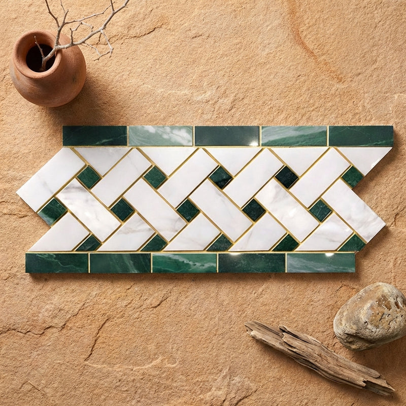 Thassos White (Greek) Marble 4-3/4x12 Polished Tile Basketweave Border (w/ Ming Green)