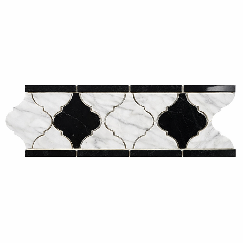 Carrara White (Italian) Marble 3-7/8x11 5/8 Polished Tile Lantern (Luxury) Border (Carrara w/ Black) Lantern Border