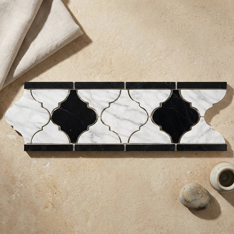 Carrara White (Italian) Marble 3-7/8x11 5/8 Polished Tile Lantern (Luxury) Border (Carrara w/ Black) Lantern Border