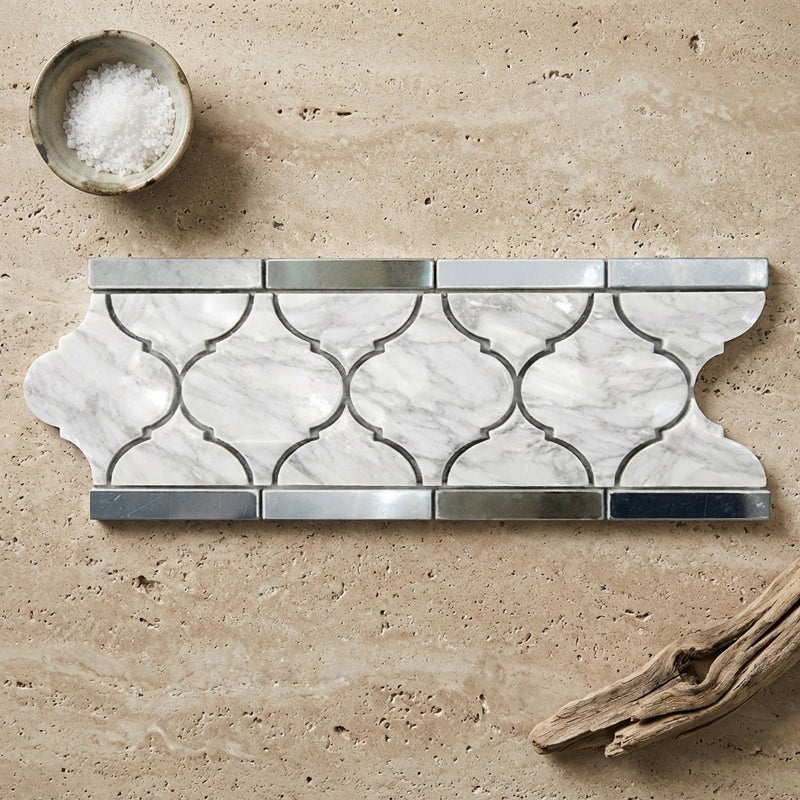 Carrara White (Italian) Marble 3-7/8x11 5/8 Polished Tile Lantern (Luxury) Border (Carrara w/ Blue-Gray) Lantern Border