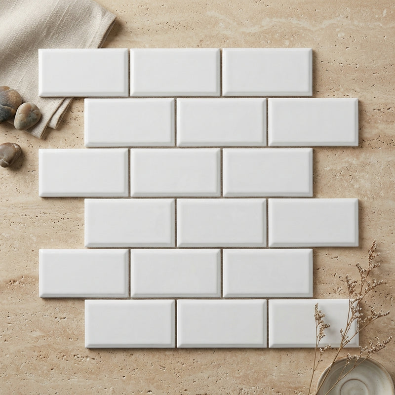 Thassos White (Greek) Marble 2x4 Polished Brick Joint Mosaic Deep-Beveled Brick Mosaic