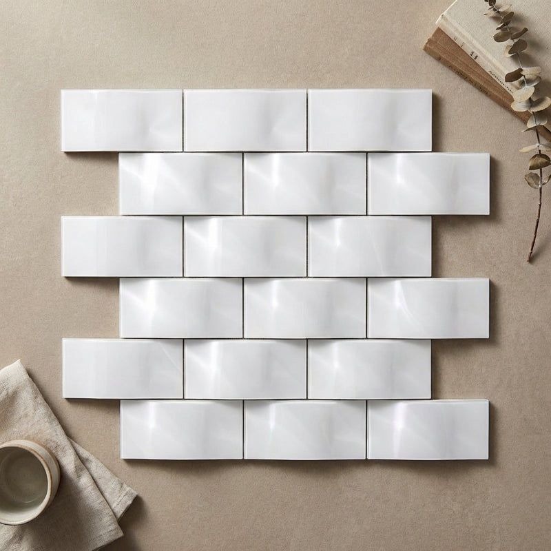 Thassos White (Greek) Marble 2x4 Polished Mosaic Round-Faced (CNC-Arched / Wavy)