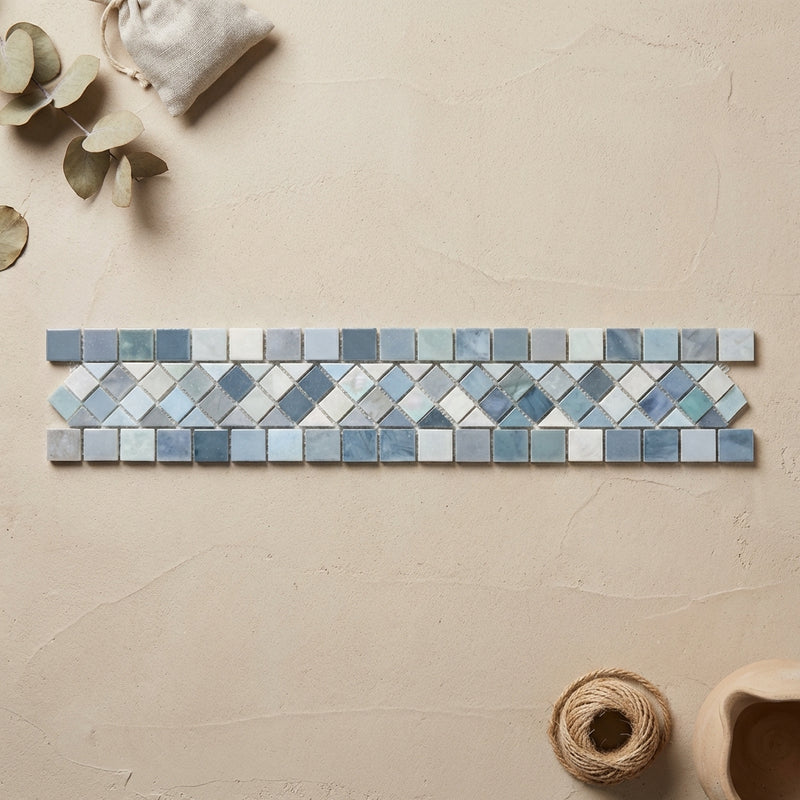Thassos White (Greek) Marble 2x12 Polished Tile BIAS Border (w/ Blue-Gray)