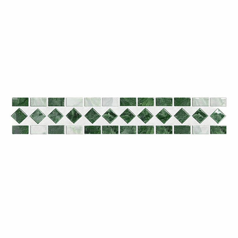 Thassos White (Greek) Marble 2x12 Polished Tile BIAS Border (w/ Ming Green)