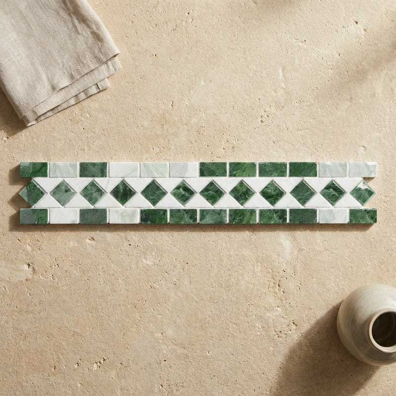 Thassos White (Greek) Marble 2x12 Polished Tile BIAS Border (w/ Ming Green)